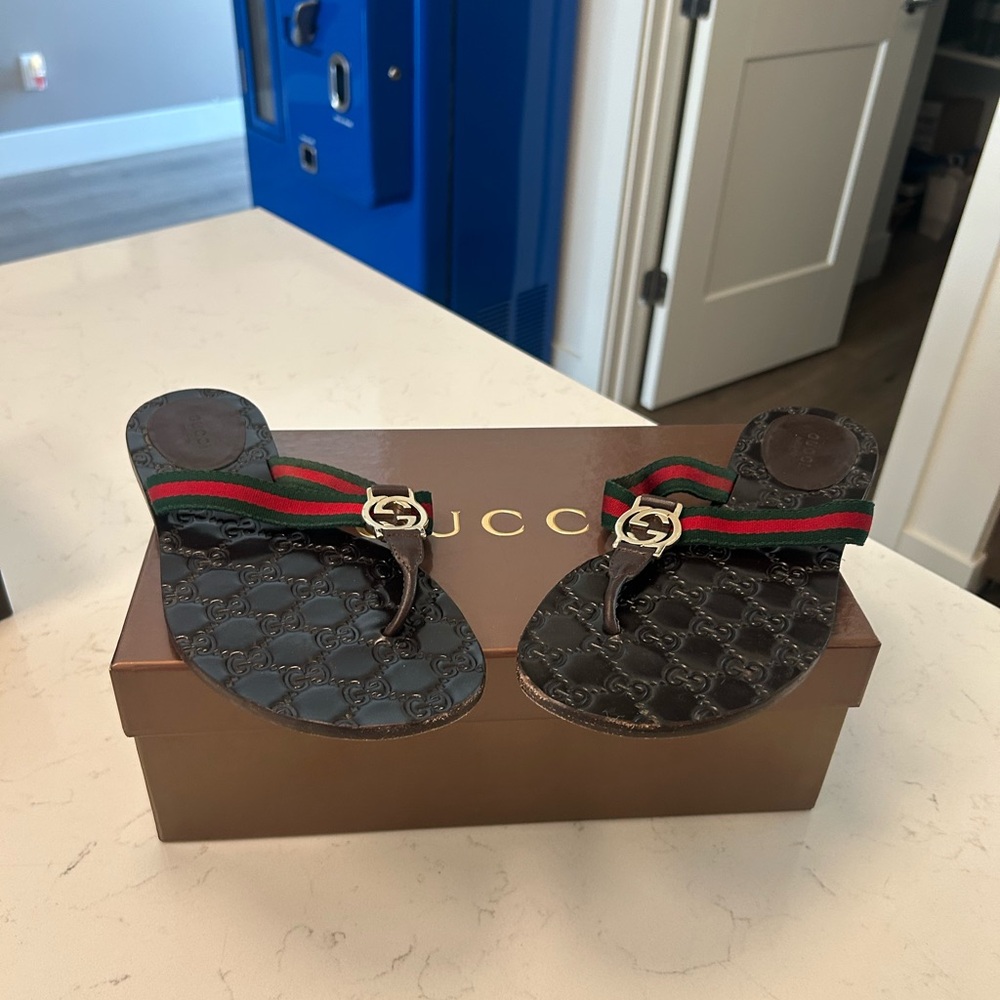 Gucci Dark Brown Flip Flops with Red and Green Accents